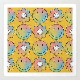 Smiley & Flower Smiley (Yellow Bg) Art Print