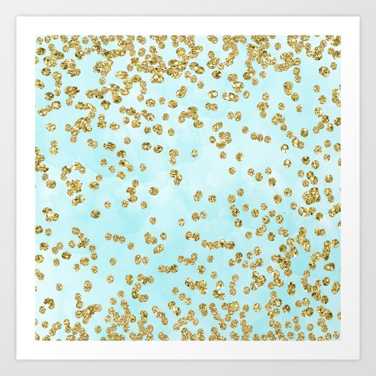Sparkling gold glitter confetti on aqua ocean blue watercolor background-Luxury pattern on #Society6 Art Print