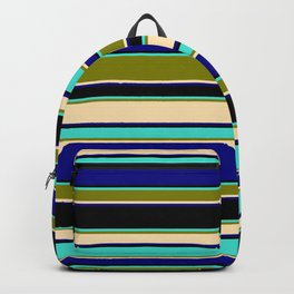 [ Thumbnail: Turquoise, Green, Beige, Blue & Black Colored Striped/Lined Pattern Backpack ]