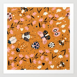 Bugs, moth and florals on orange, pattern Art Print