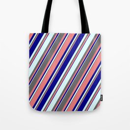 [ Thumbnail: Dim Grey, Light Coral, Dark Blue & Light Cyan Colored Stripes Pattern Tote Bag ]