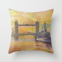 Tower Bridge  and boat on River Thames at dusk- London, England.  London skyline bridge artwork sunset Throw Pillow