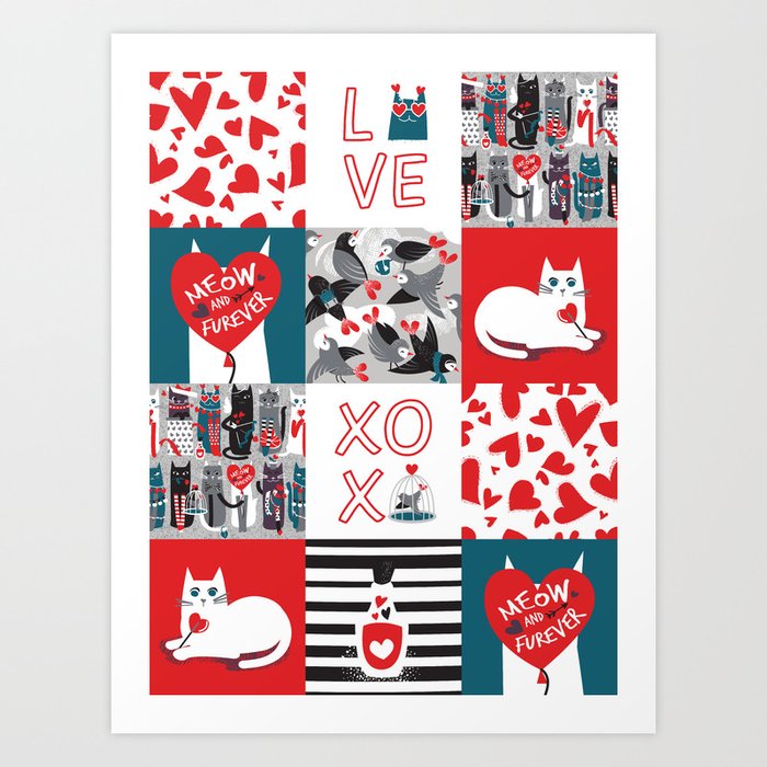 I love you meow and fur-ever PATCHWORK // grey green white purple beet and black cats red Valentine's Day motifs Art Print