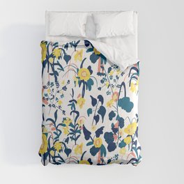 Buttercup yellow, salmon pink, and navy blue flowers on white background pattern Comforter