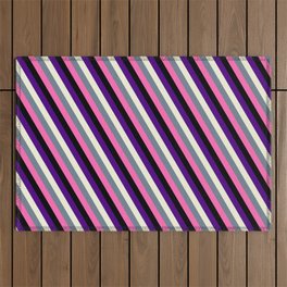 [ Thumbnail: Vibrant Indigo, Beige, Slate Gray, Hot Pink, and Black Colored Striped/Lined Pattern Outdoor Rug ]