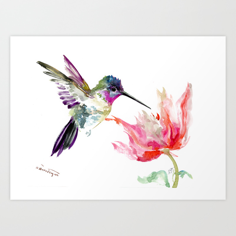 Little Hummingbird And Pink Flower Bird Art Minimalist Bird