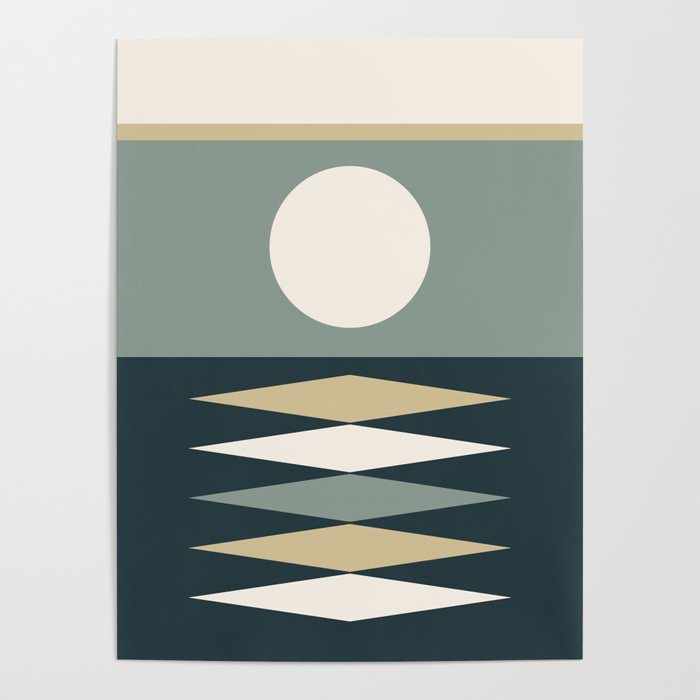 Abstract Geometric Sunrise 1 in Green Tan Shades Poster