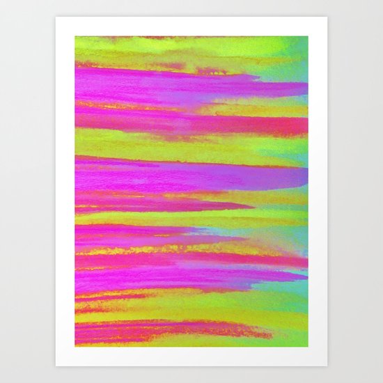 DISCO FEVER - Bright Neon Green Pink Funky Dance 70s Retro Stripes Abstract Watercolor Painting Art Print