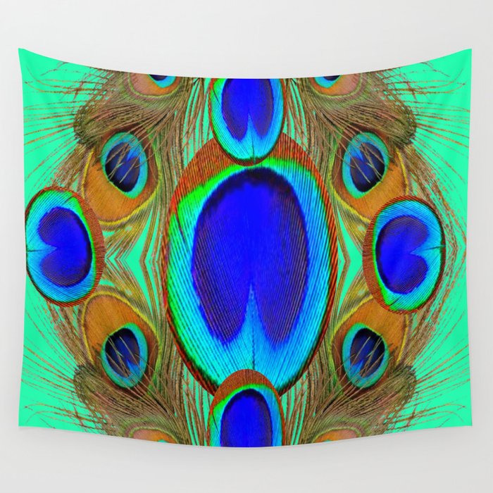 Blue-Green Peacock Feathers Abstract Art Wall Tapestry