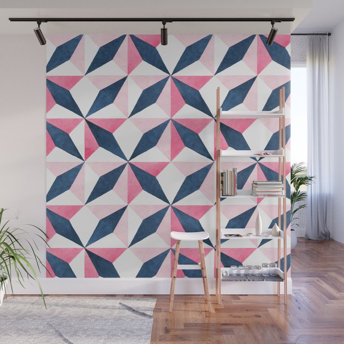 Geometrical Hand Painted Pink Blue Abstract Shapes Wall Mural By