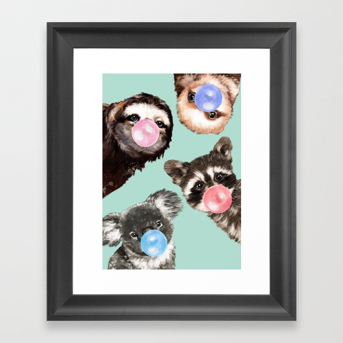 Cute Animals Bubble Gum Gang in Green Framed Art Print