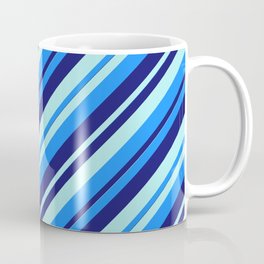 [ Thumbnail: Blue, Midnight Blue, and Turquoise Colored Lined/Striped Pattern Coffee Mug ]