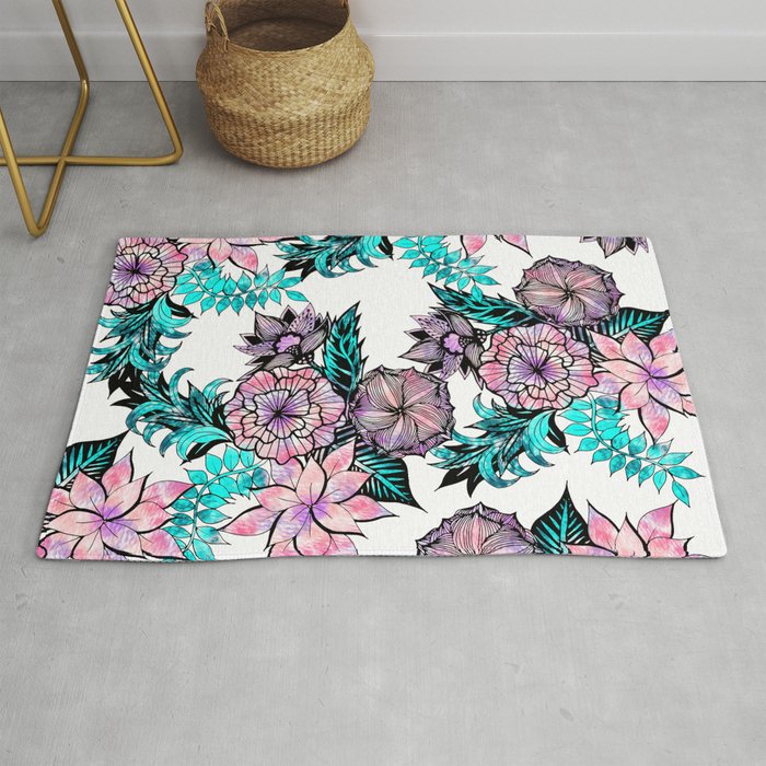 Girly Pink Teal Watercolor Floral Illustrated Pattern Rug