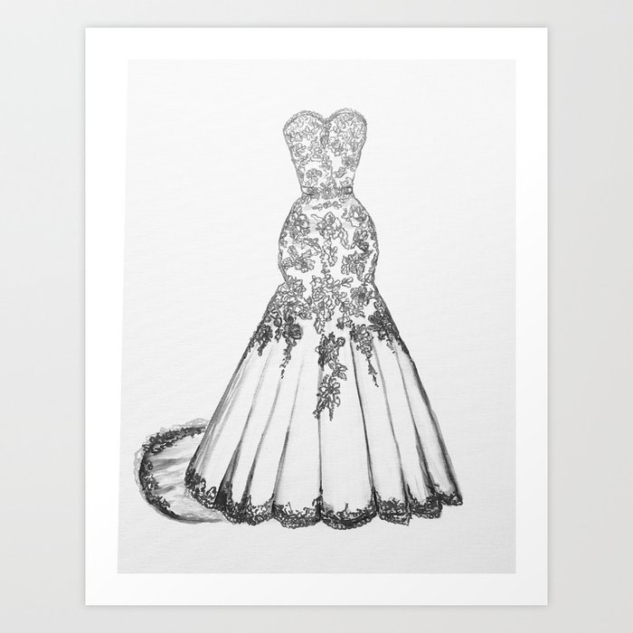 Wedding dress drawing, 1st wedding anniversary, paper anniversary gift Art  Print by myartspace