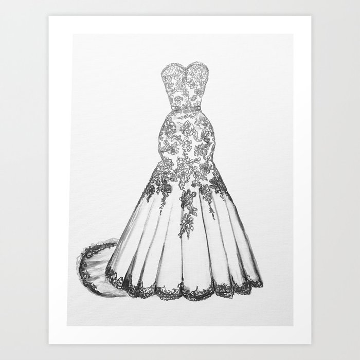 Wedding Dress Drawing 1st Wedding Anniversary Paper Anniversary Gift Art Print By Myartspacepr Society6