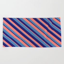 [ Thumbnail: Blue, Midnight Blue, and Salmon Colored Stripes Pattern Beach Towel ]