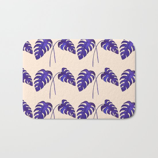 Indigo Monstera Leaf Watercolor on Blush Bath Mat