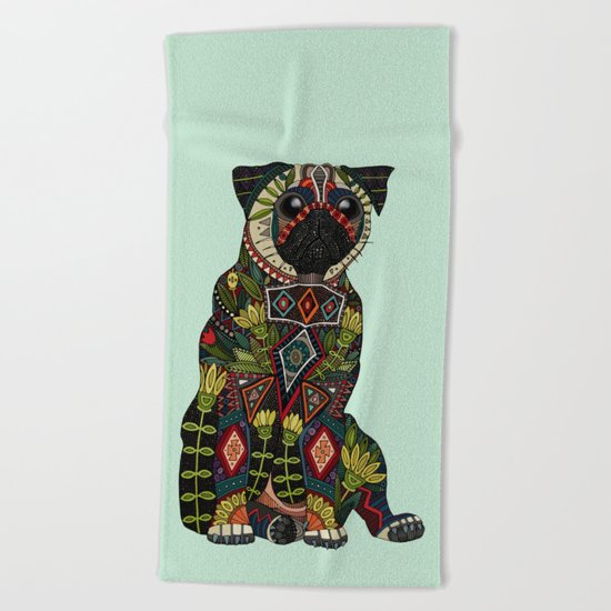 pug love mint Beach Towel