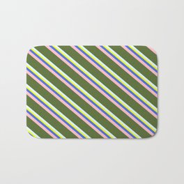 [ Thumbnail: Colorful Yellow, Royal Blue, Pink, Dark Olive Green, and Light Cyan Colored Lined/Striped Pattern Bath Mat ]