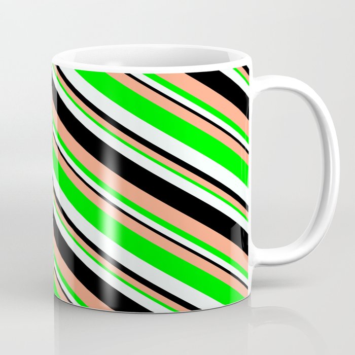 Light Salmon, Lime, Mint Cream & Black Colored Striped/Lined Pattern Coffee Mug
