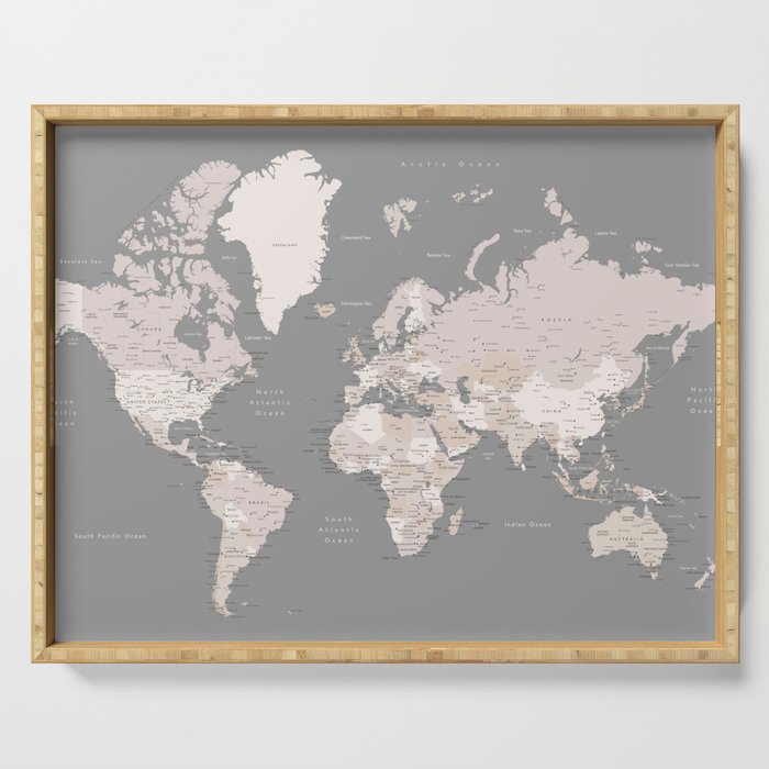 World map in taupe and brown, "Fabrizio" Serving Tray