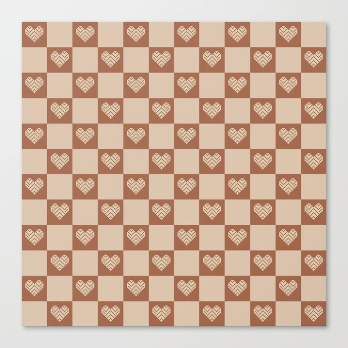 Stitched Hearts on Checker (Brown + Tan) Canvas Print
