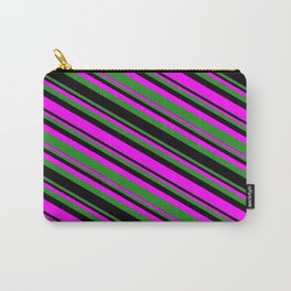 [ Thumbnail: Fuchsia, Forest Green & Black Colored Lines/Stripes Pattern Carry-All Pouch ]