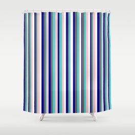 [ Thumbnail: Eye-catching Dark Blue, Dim Gray, Turquoise, Pink, and White Colored Lined/Striped Pattern Shower Curtain ]