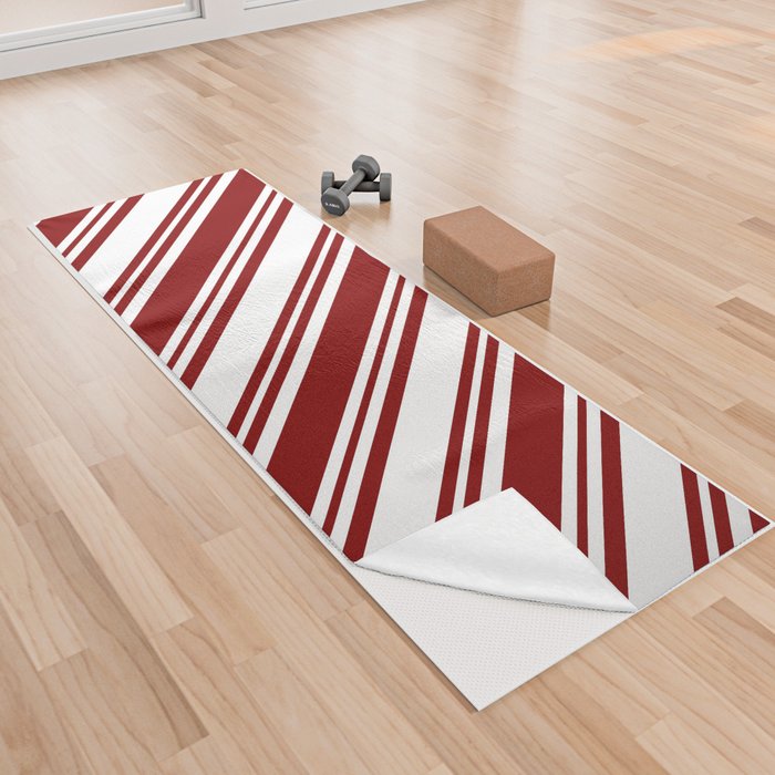 White & Maroon Colored Lined/Striped Pattern Yoga Towel