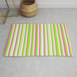 [ Thumbnail: Green, Pale Goldenrod, Light Cyan, and Hot Pink Colored Lined/Striped Pattern Rug ]