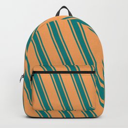 [ Thumbnail: Brown & Teal Colored Stripes Pattern Backpack ]