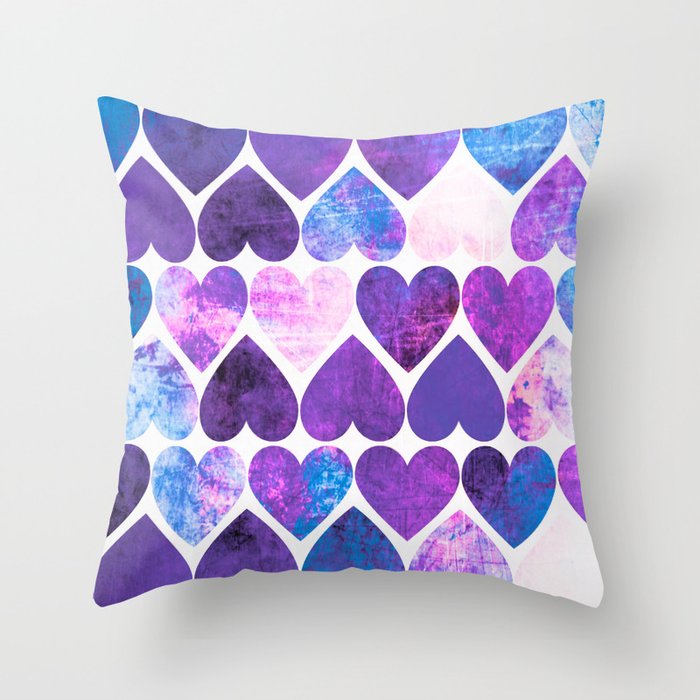 Mod Purple & Blue Grungy Hearts Design Throw Pillow