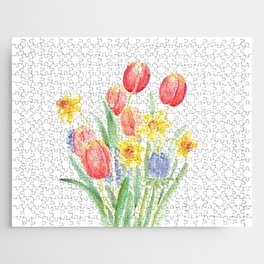 red tulips and yellow daffodils watercolor  Jigsaw Puzzle