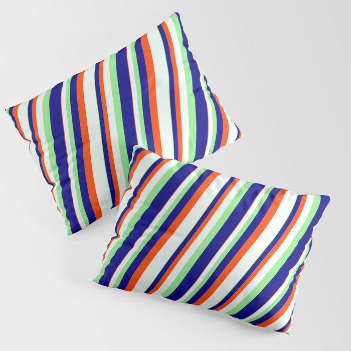 Light Green, Blue, Red & Mint Cream Colored Stripes Pattern Pillow Sham