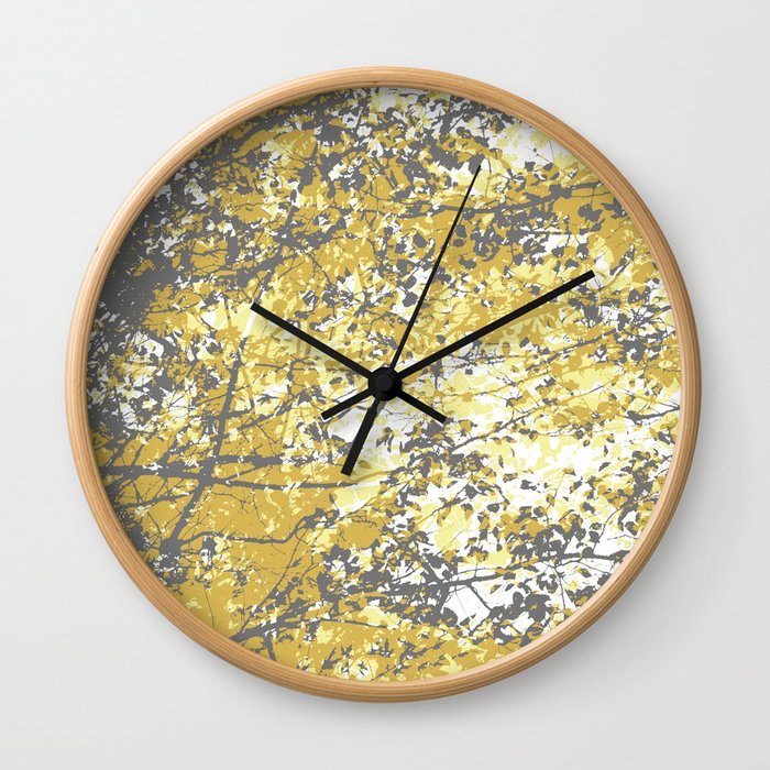 Yellow and Grey Overlapping Tree Branches and Leaves Wall Clock