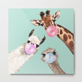 Bubble Gum Gang in Green Metal Print | Animal, Chewinggum, Acrylic, Adorable, Curated, Design, Llama, Bignosework, Kids, Children 