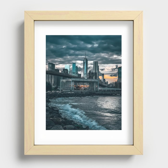 Brooklyn Bridge and Manhattan skyline at sunset in New York City Recessed Framed Print