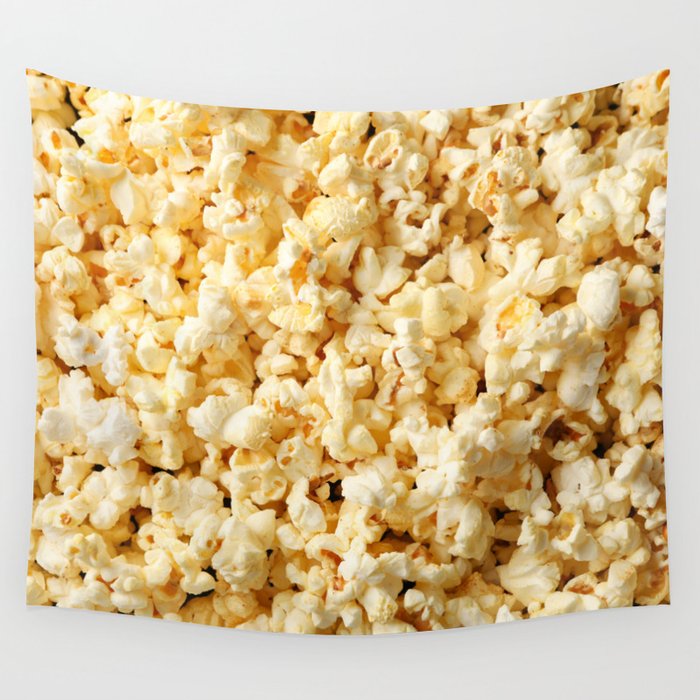 Tasty popcorn on whole background. Food for watching cinema Wall Tapestry