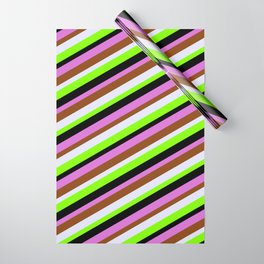 [ Thumbnail: Colorful Orchid, Brown, Lavender, Chartreuse & Black Colored Stripes Pattern Wrapping Paper ]