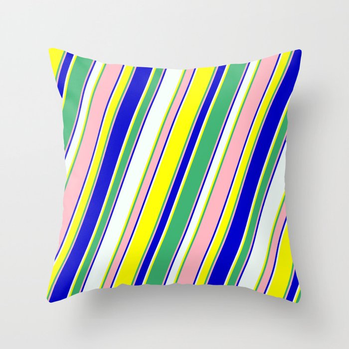 Eyecatching Mint Cream, Yellow, Sea Green, Light Pink & Blue Colored Lines/Stripes Pattern Throw Pillow