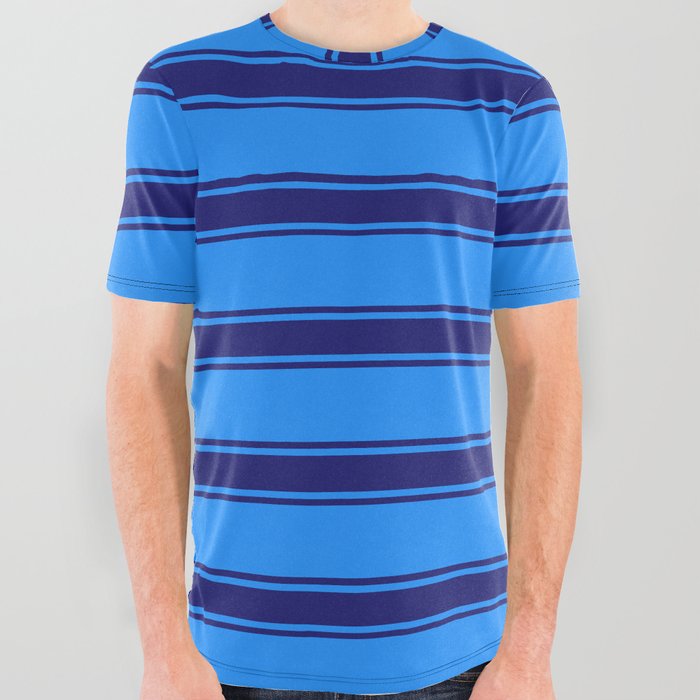 Blue and Midnight Blue Colored Lined/Striped Pattern All Over Graphic Tee