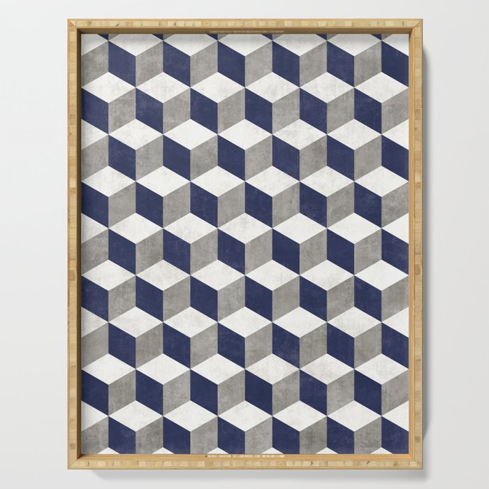 Geometric Cube Pattern - Concrete Gray, White, Blue Serving Tray
