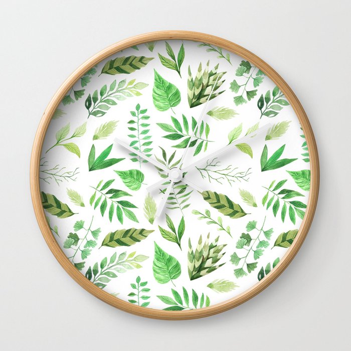 Artistic hand painted forest green watercolor leaves pattern Wall Clock