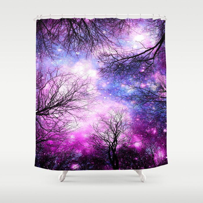 Black Trees Purple Fuchsia Blue Space Shower Curtain