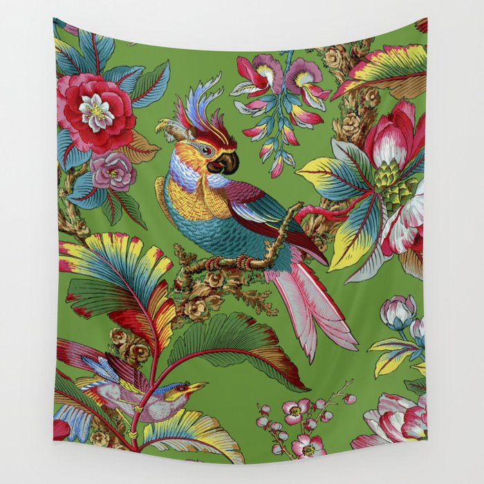 Tropical Birds on Green, French Floral Chinoiserie Pattern from 1905 Wall Tapestry