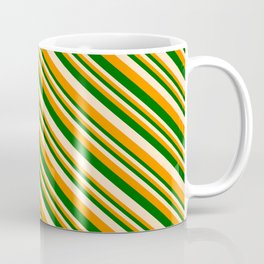 [ Thumbnail: Dark Orange, Dark Green & Bisque Colored Lines Pattern Coffee Mug ]