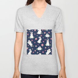 Cute bunnies with flowers seamless pattern purple background Unisex V-Neck