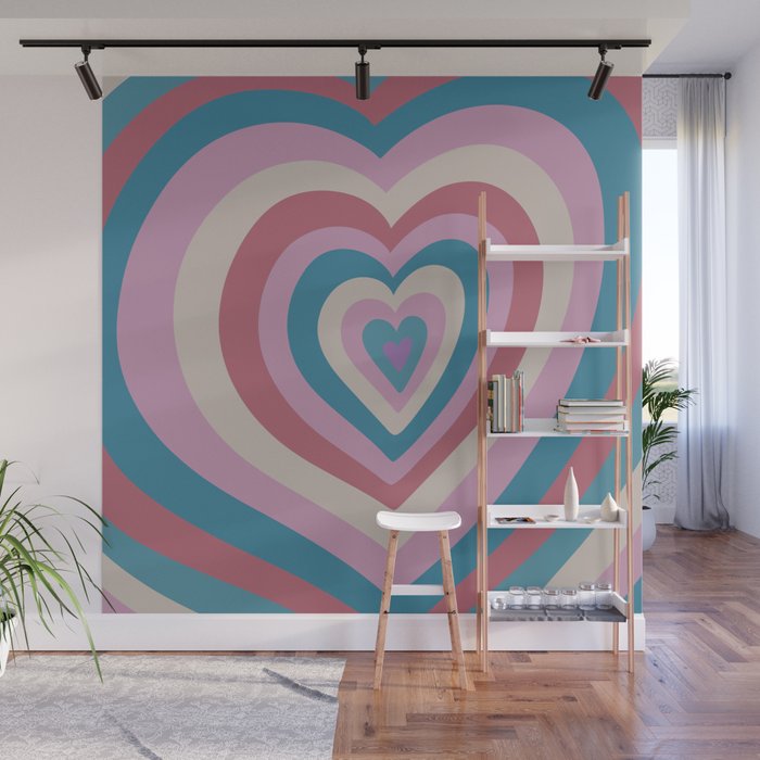 Retro Groovy Love Hearts - dark bright blue navy pink red Wall Mural