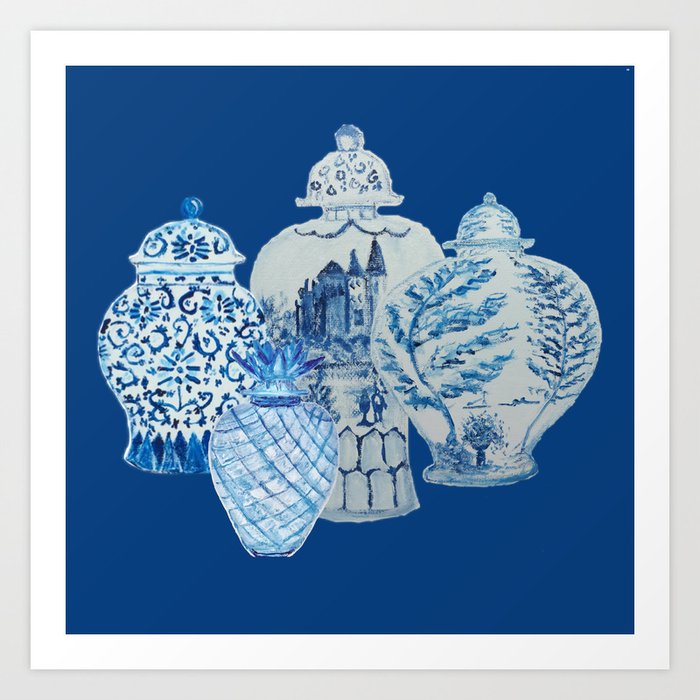 4 Four 4 Blue and White Ginger Jars Art Print by Original Art by Dawne