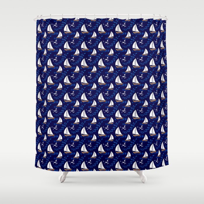 Fish and Ships and Seagulls (night) Shower Curtain